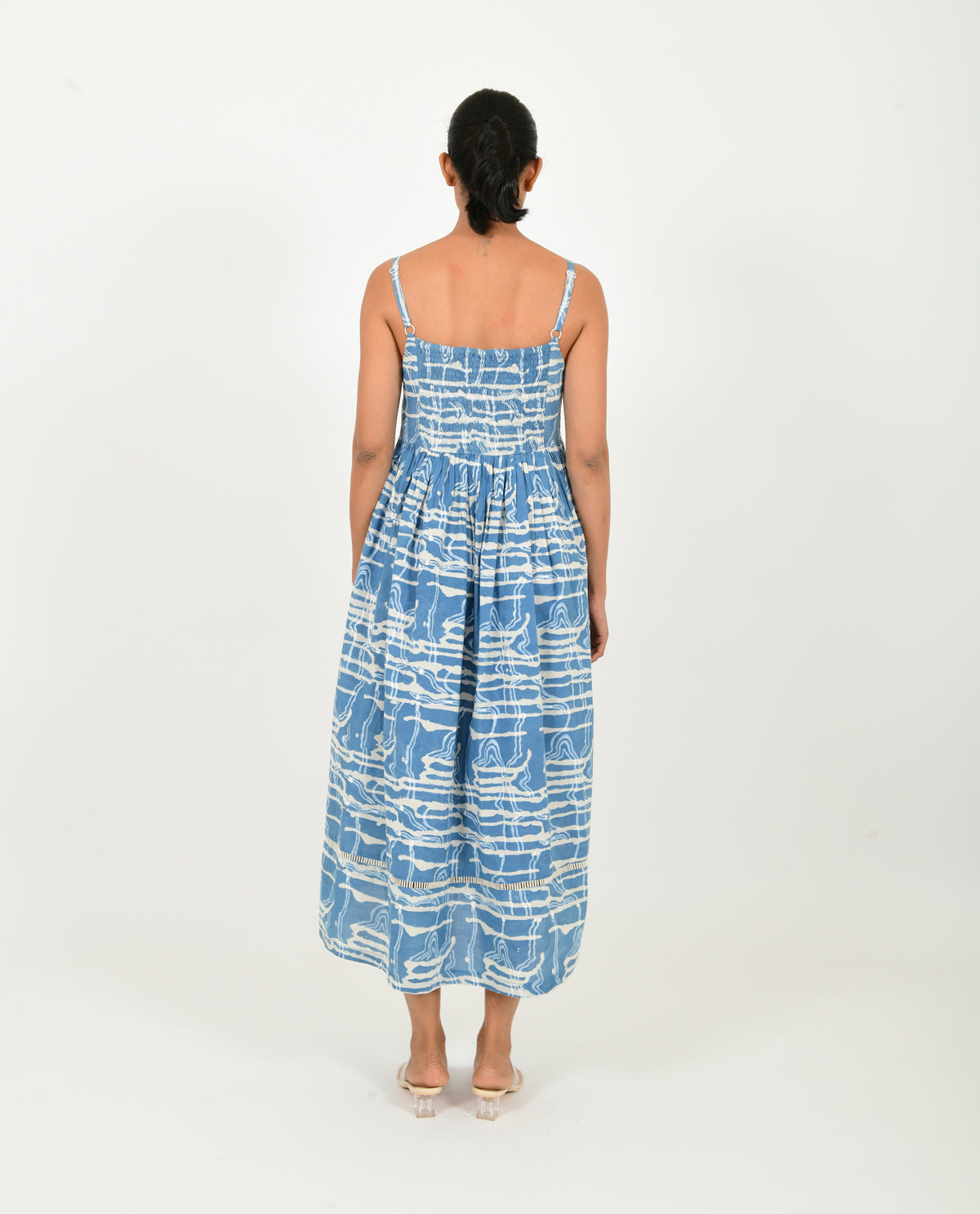 A Model Wearing Blue Organic Cotton Indigo Splash Gather Dress , curated by Only Ethikal