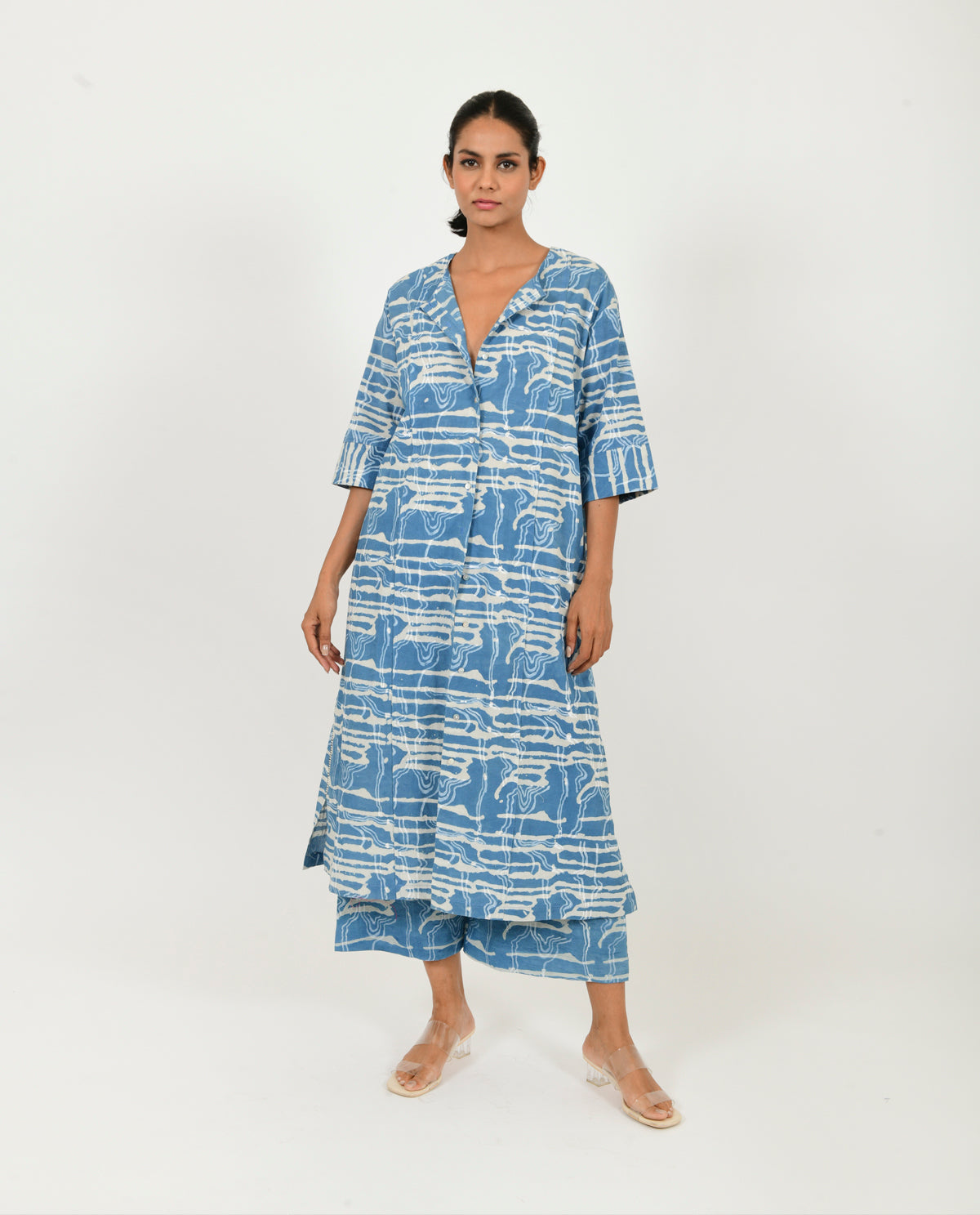 A Model Wearing Blue Organic Cotton Indigo Splash C-Ord Set With Linen Pants, curated by Only Ethikal