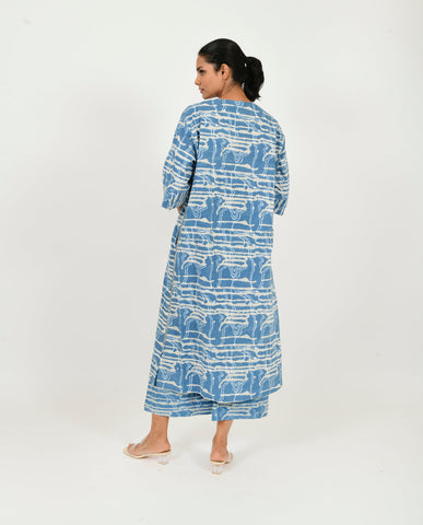 A Model Wearing Blue Organic Cotton Indigo Splash C-Ord Set With Linen Pants, curated by Only Ethikal