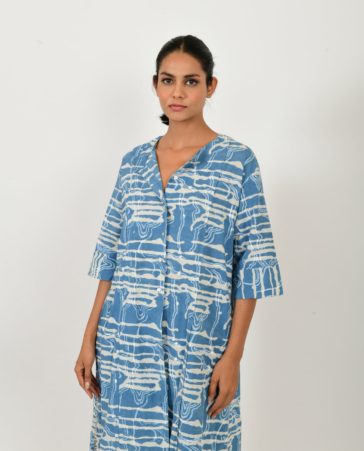 A Model Wearing Blue Organic Cotton Indigo Splash C-Ord Set With Linen Pants, curated by Only Ethikal