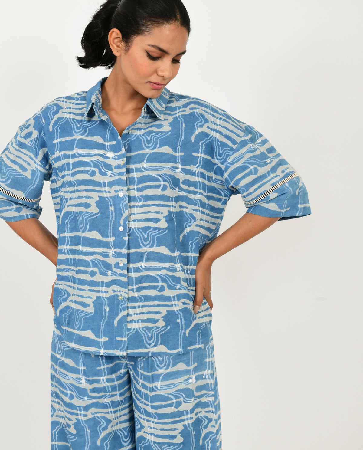A Model Wearing Blue Linen Indigo Splash Linen Shirt , curated by Only Ethikal