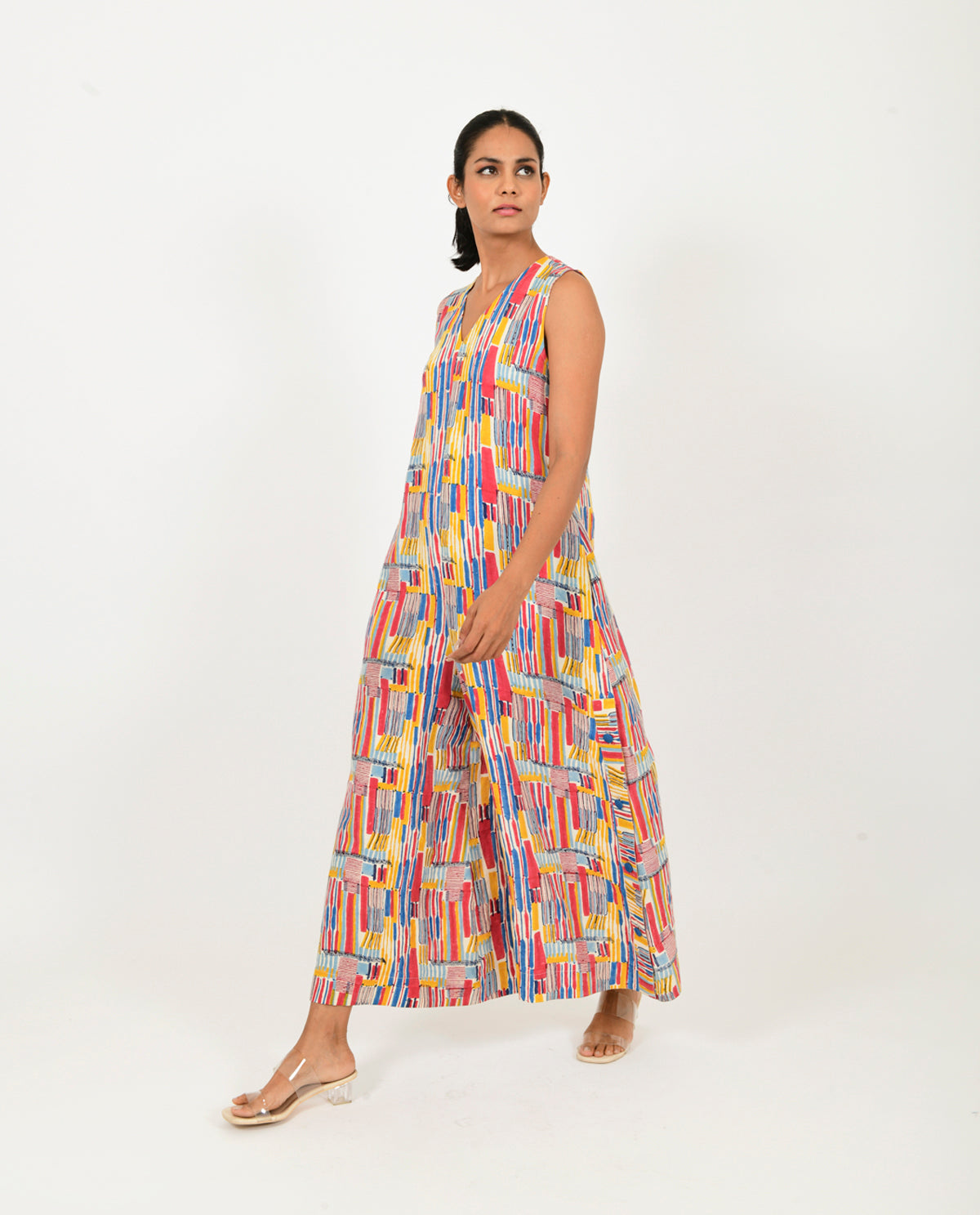 A Model Wearing Multicolor Linen Scribble Linen Multi Jumpsuit, curated by Only Ethikal