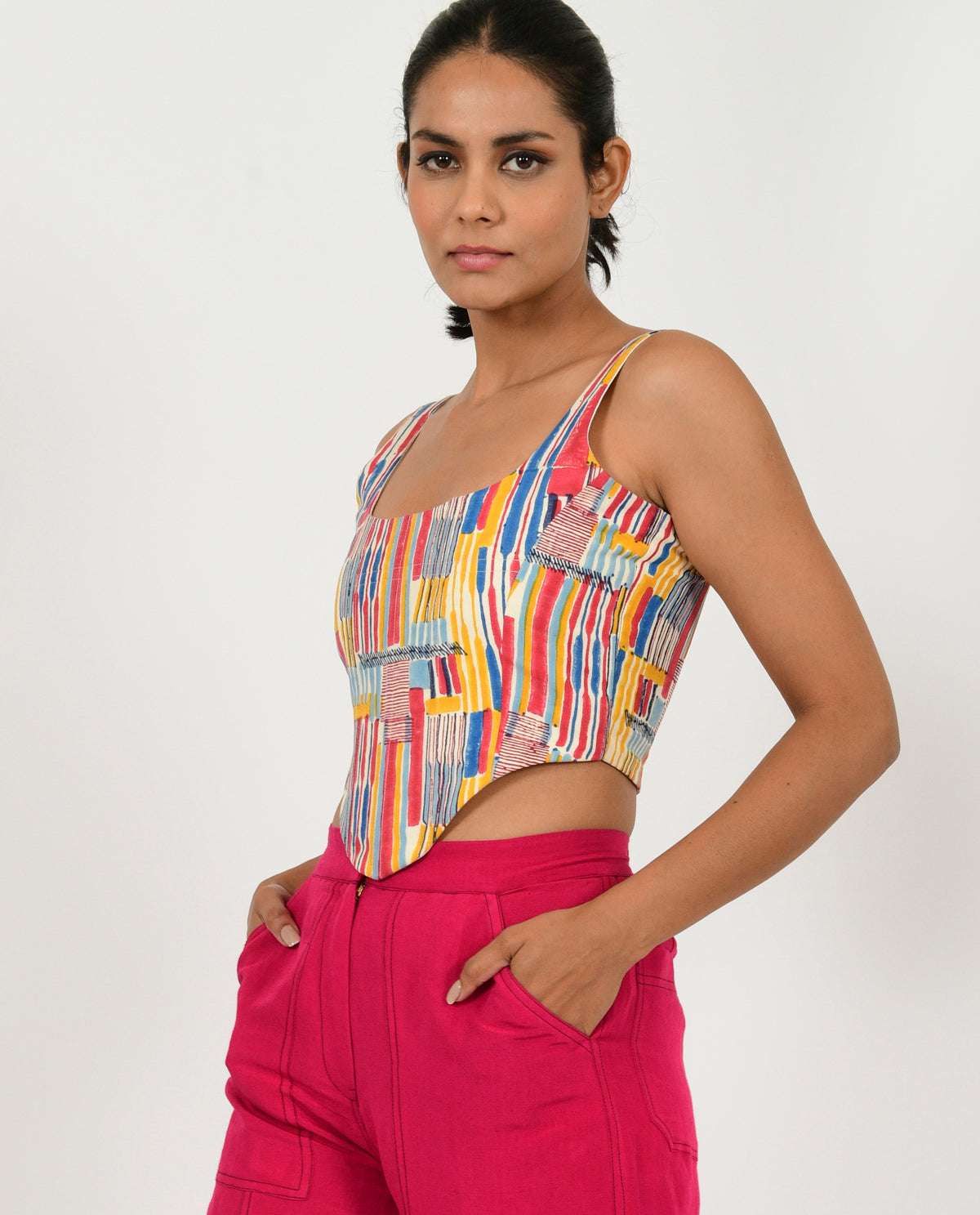 A Model Wearing Multicolor Organic Cotton Scribble Linen Corset , curated by Only Ethikal