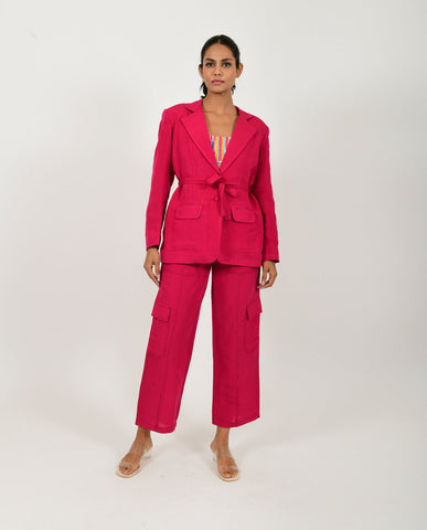 A Model Wearing Multicolor Organic Cotton Viva Magenta Linen Blazer Co -Ord , curated by Only Ethikal