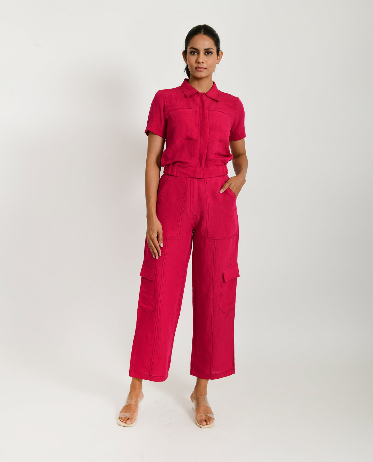 A Model Wearing Pink Organic Cotton Cargo Viva Linen Co- Ord , curated by Only Ethikal