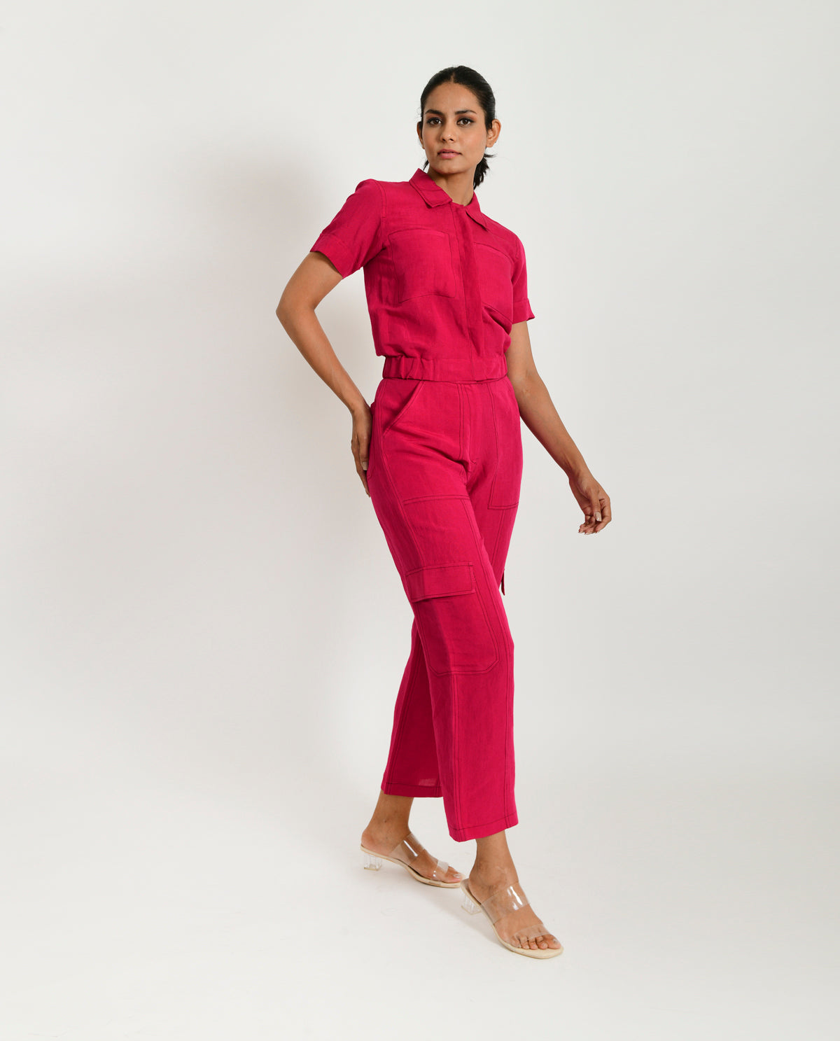 A Model Wearing Pink Organic Cotton Cargo Viva Linen Co- Ord , curated by Only Ethikal