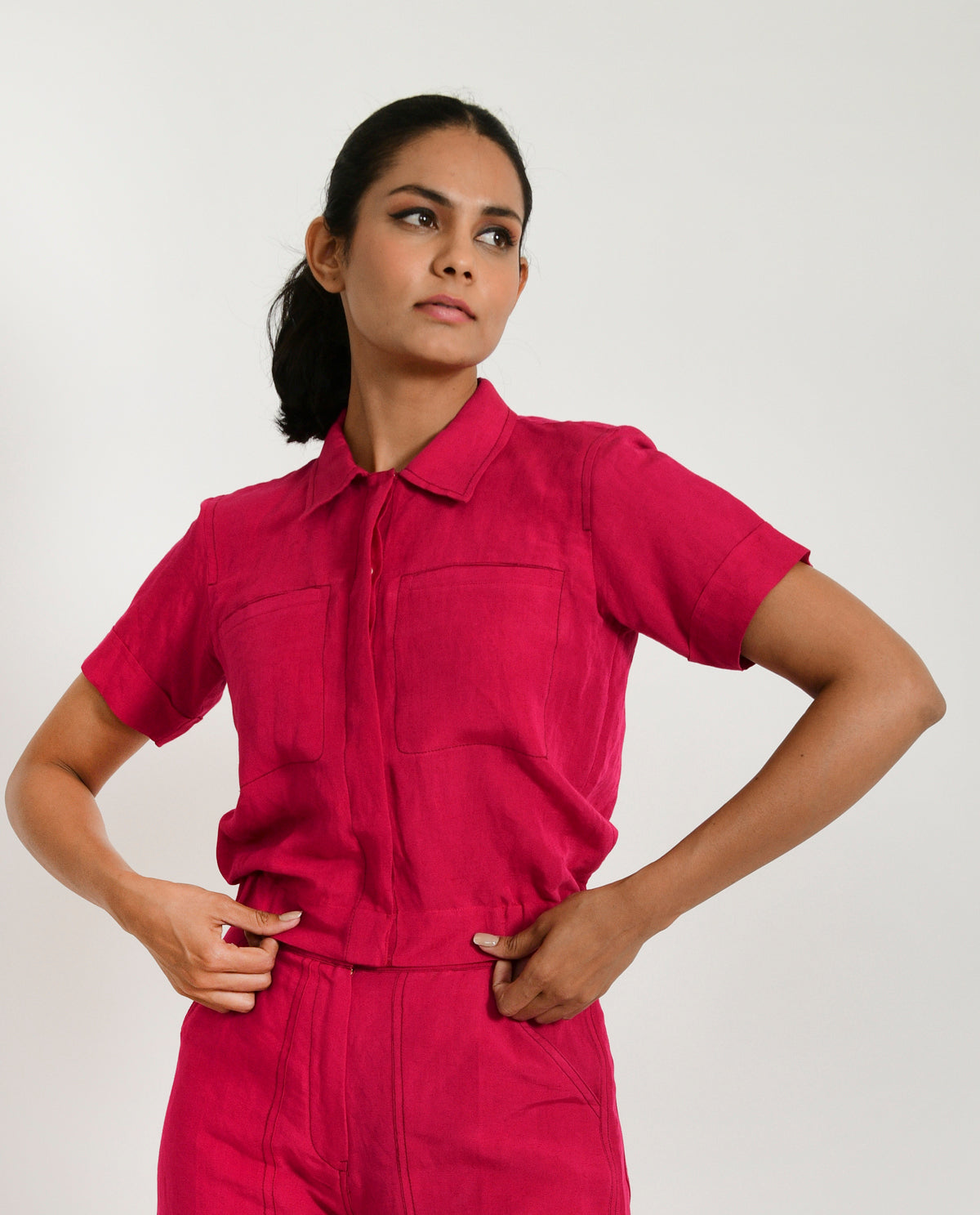 A Model Wearing Pink Organic Cotton Viva Magenta Linen Crop Top , curated by Only Ethikal