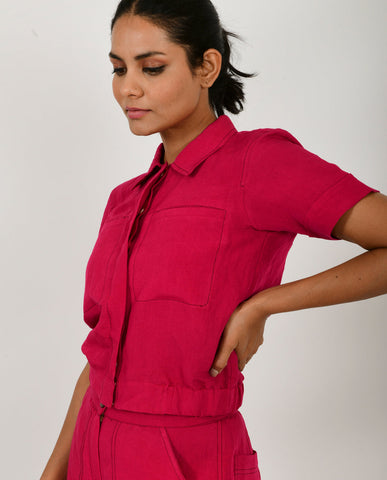 A Model Wearing Pink Organic Cotton Viva Magenta Linen Crop Top , curated by Only Ethikal