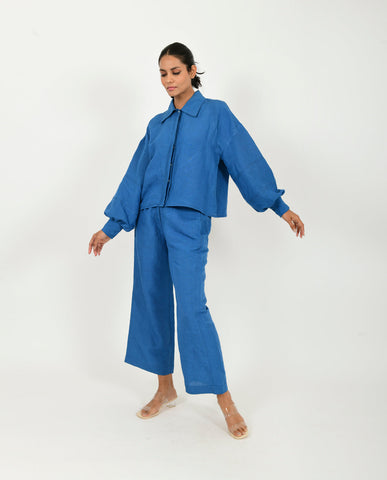 A Model Wearing Blue Organic Cotton Classic Blue Linen Co- Ord Set , curated by Only Ethikal