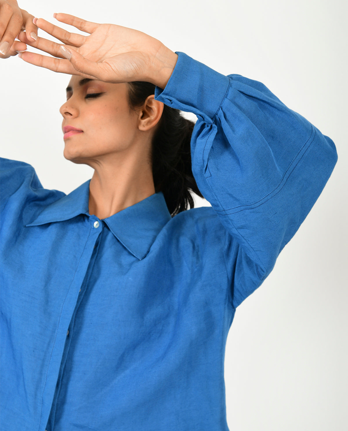 A Model Wearing Blue Organic Cotton Classic Blue Linen Bell Shirt , curated by Only Ethikal