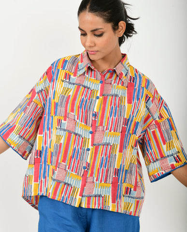 A Model Wearing Multicolor Organic Cotton Scribble Hand Block Linen Crop Shirt , curated by Only Ethikal