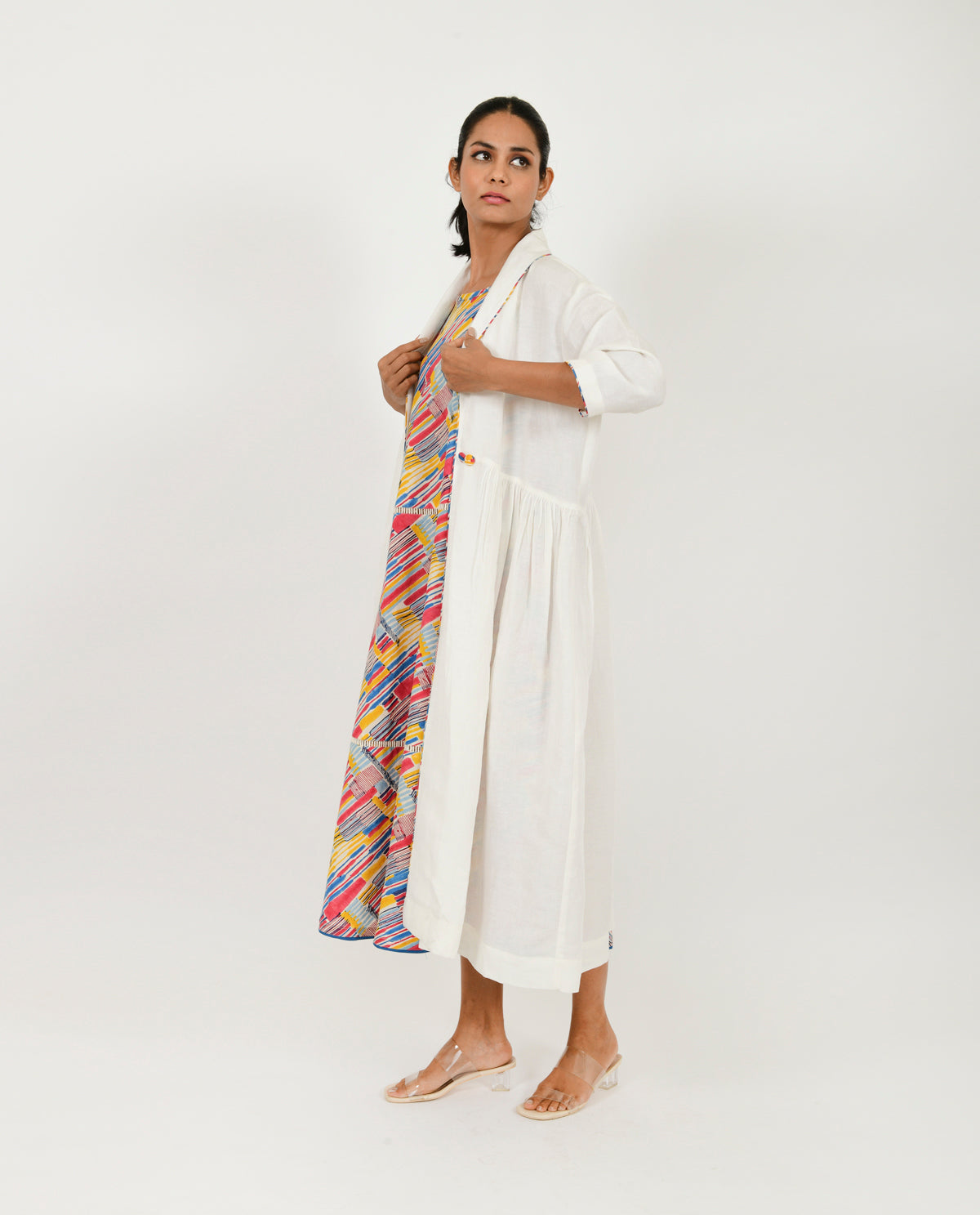 A Model Wearing Multicolor Organic Cotton Offwhite Linen Jacket , curated by Only Ethikal