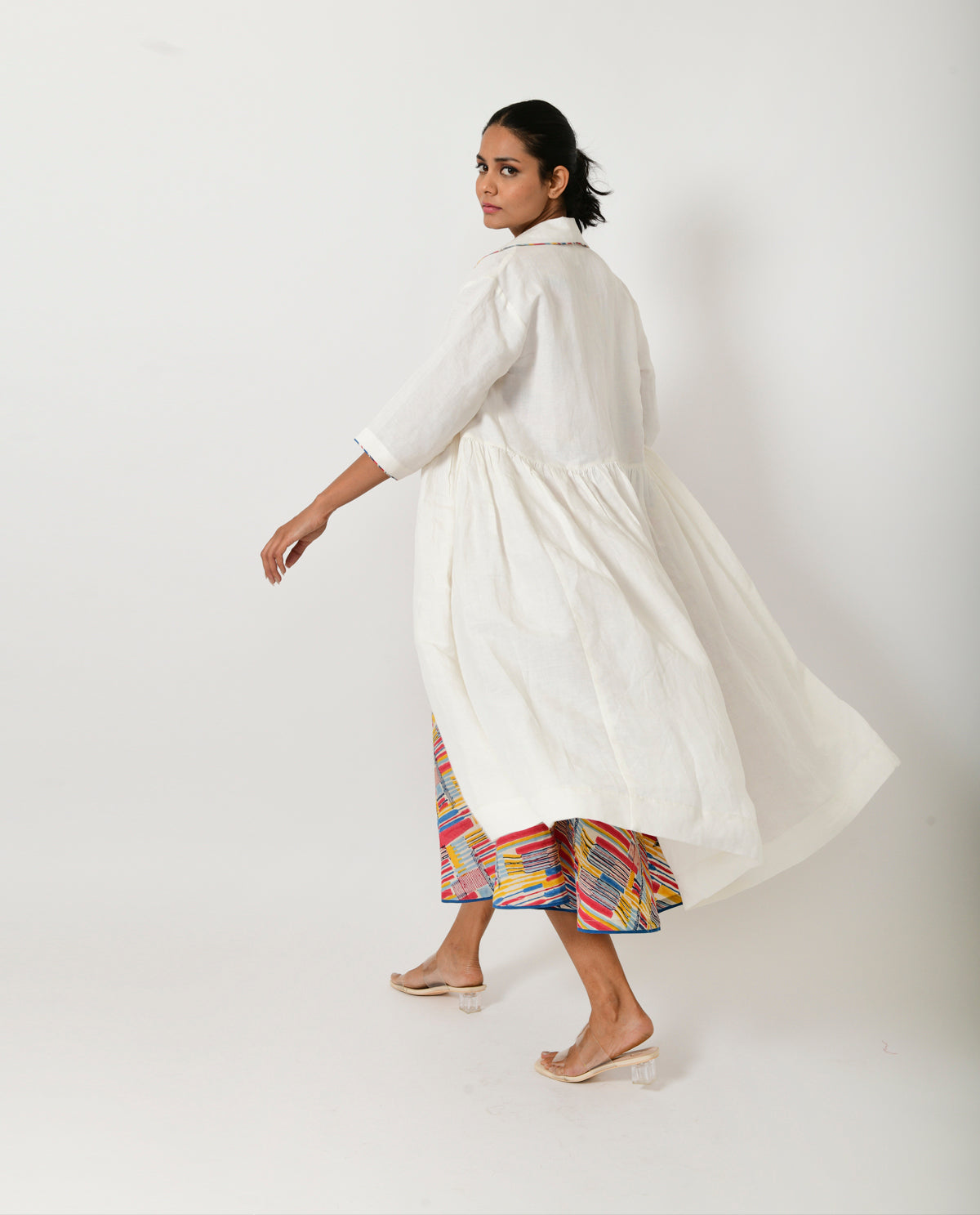 A Model Wearing Multicolor Organic Cotton Offwhite Linen Jacket , curated by Only Ethikal