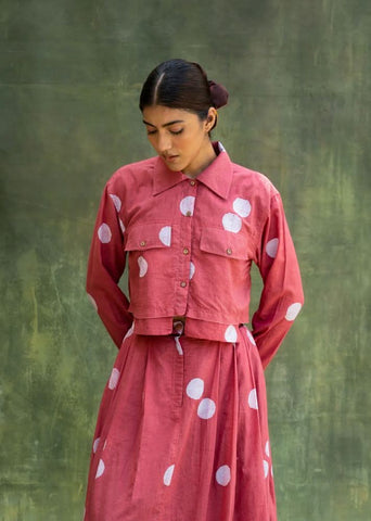 A Model Wearing Coral Upcycled Fabric Austin Coral Shirt, curated by Only Ethikal