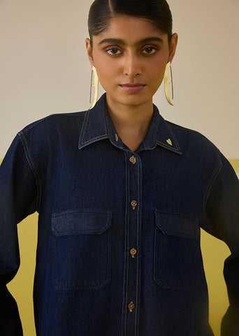 A Model Wearing Organic Cotton Denim Grow With A Flow Denim Shirt , curated by Only Ethikal