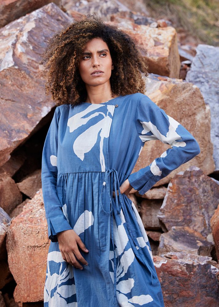 A Model Wearing Blue Pure Cotton Distant Cloud Dress curated by Only Ethikal