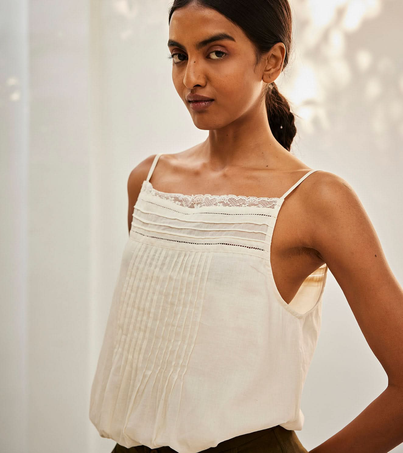 A Model Wearing White Pure Cotton Eggshell Lace Blouse curated by Only Ethikal
