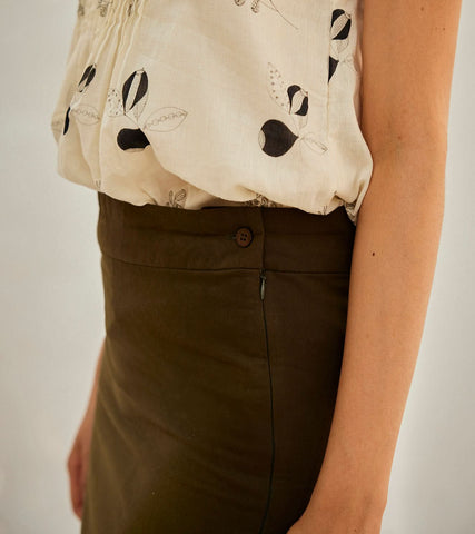A Model Wearing Multicolor,Pure Cotton Olive Pencil Skirt curated by Only Ethikal
