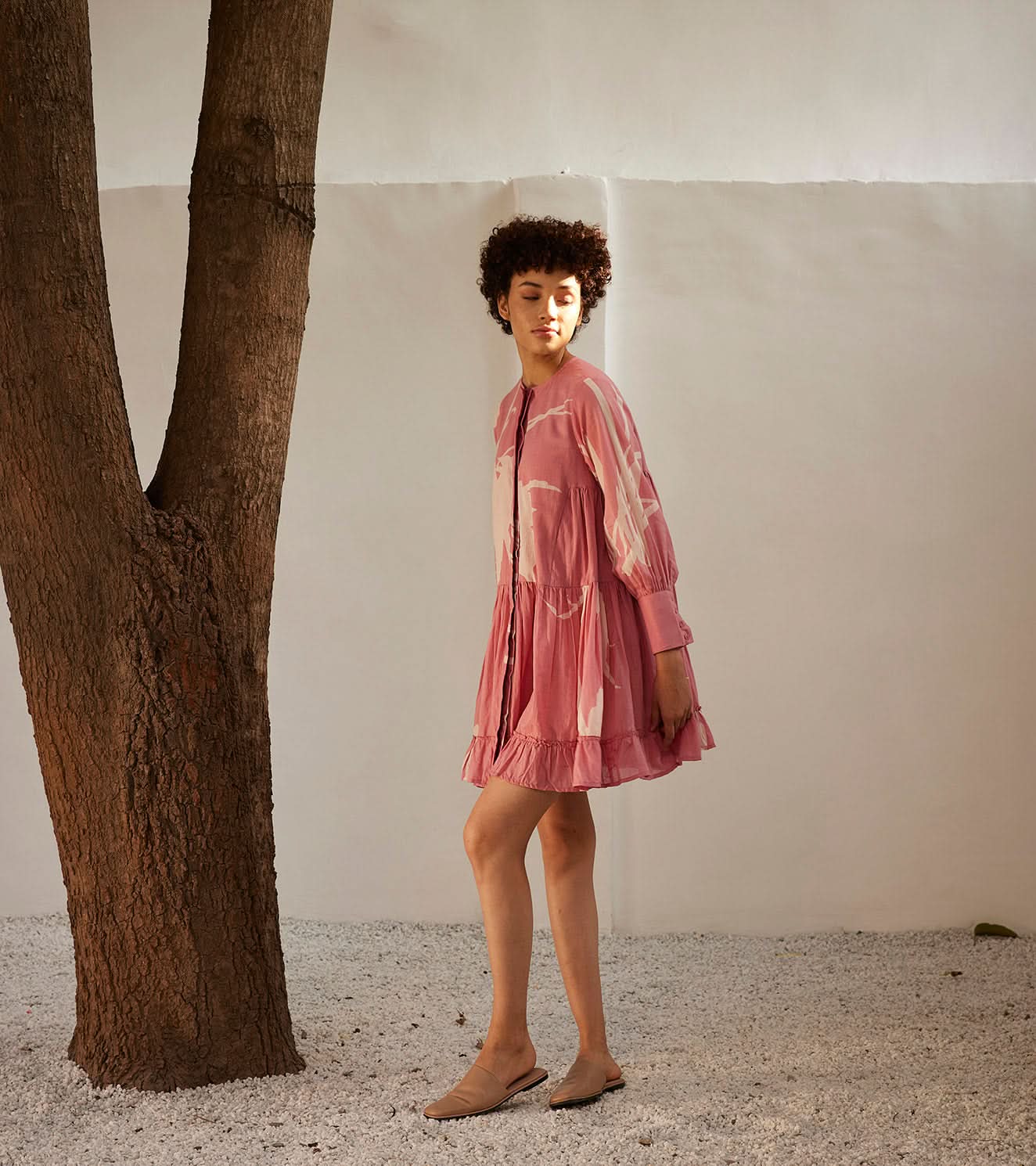 A Model Wearing Pink Pure Cotton Daffodil Dress curated by Only Ethikal