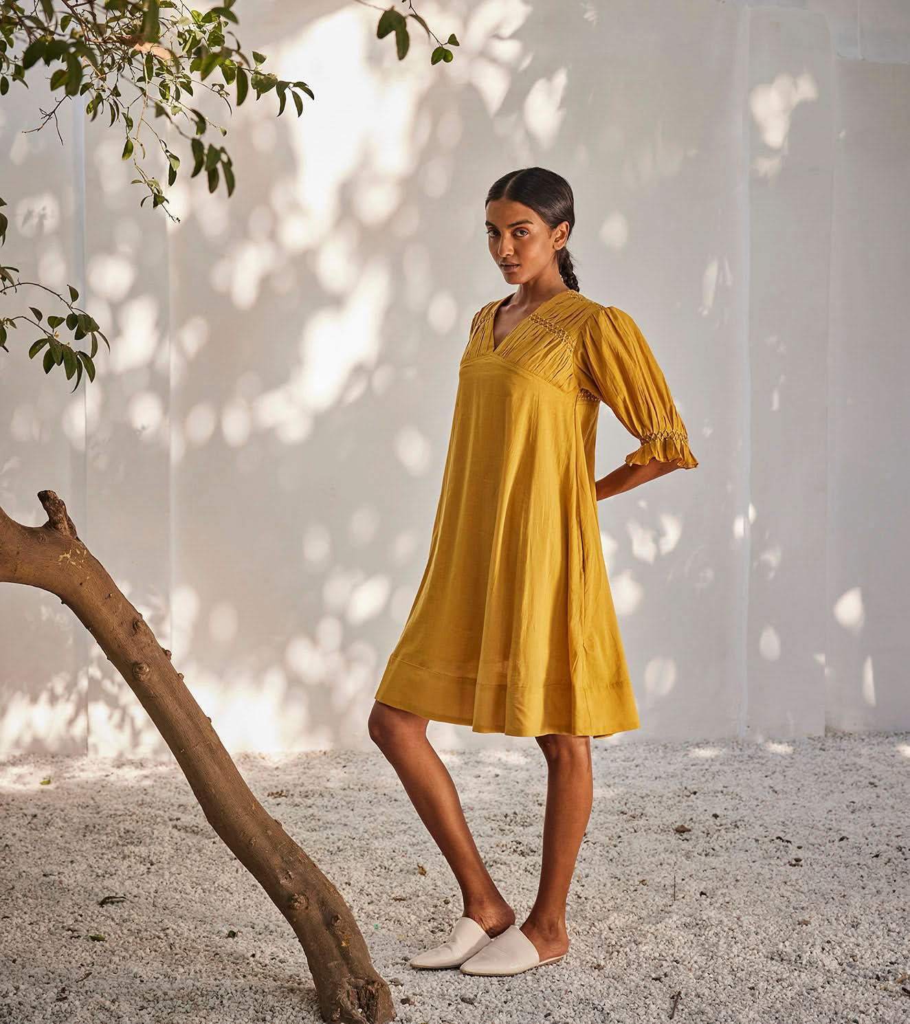 A Model Wearing Yellow Pure Cotton Warm Afternoon Dress curated by Only Ethikal