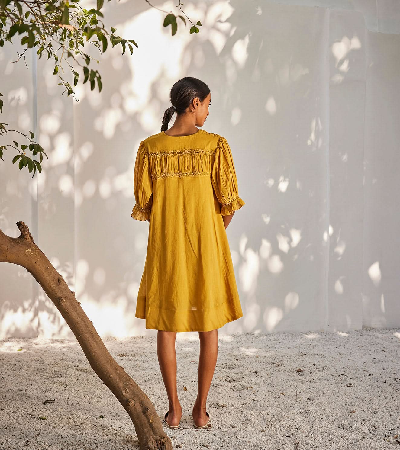 A Model Wearing Yellow Pure Cotton Warm Afternoon Dress curated by Only Ethikal