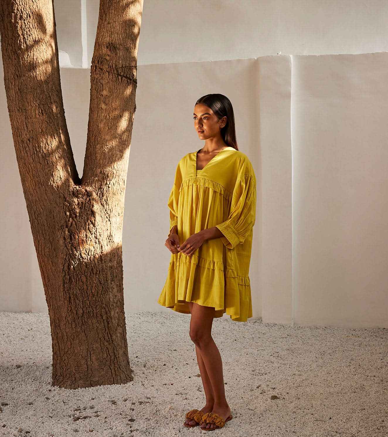 A Model Wearing Yellow Pure Cotton Marigold Dress curated by Only Ethikal