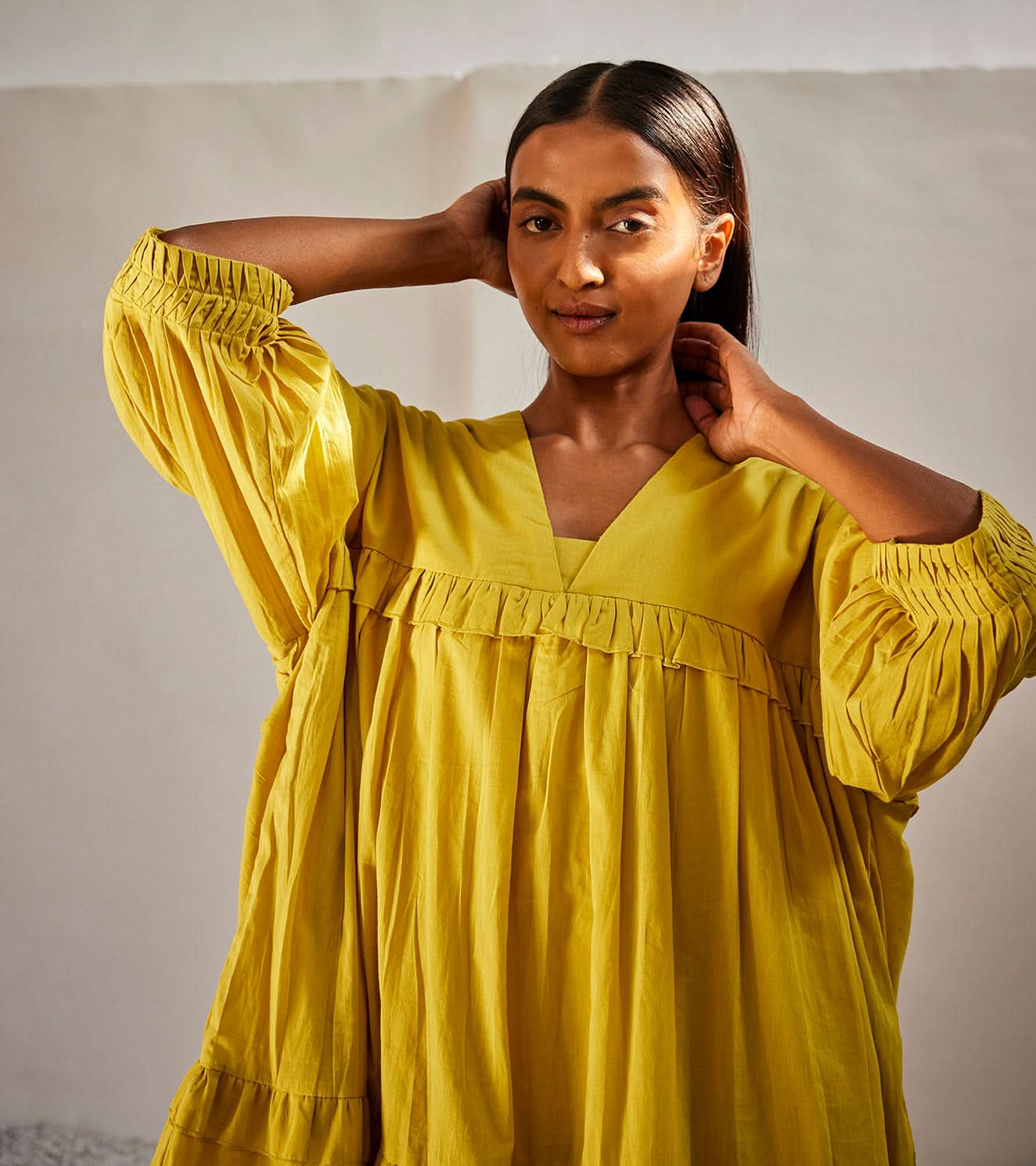 A Model Wearing Yellow Pure Cotton Marigold Dress curated by Only Ethikal