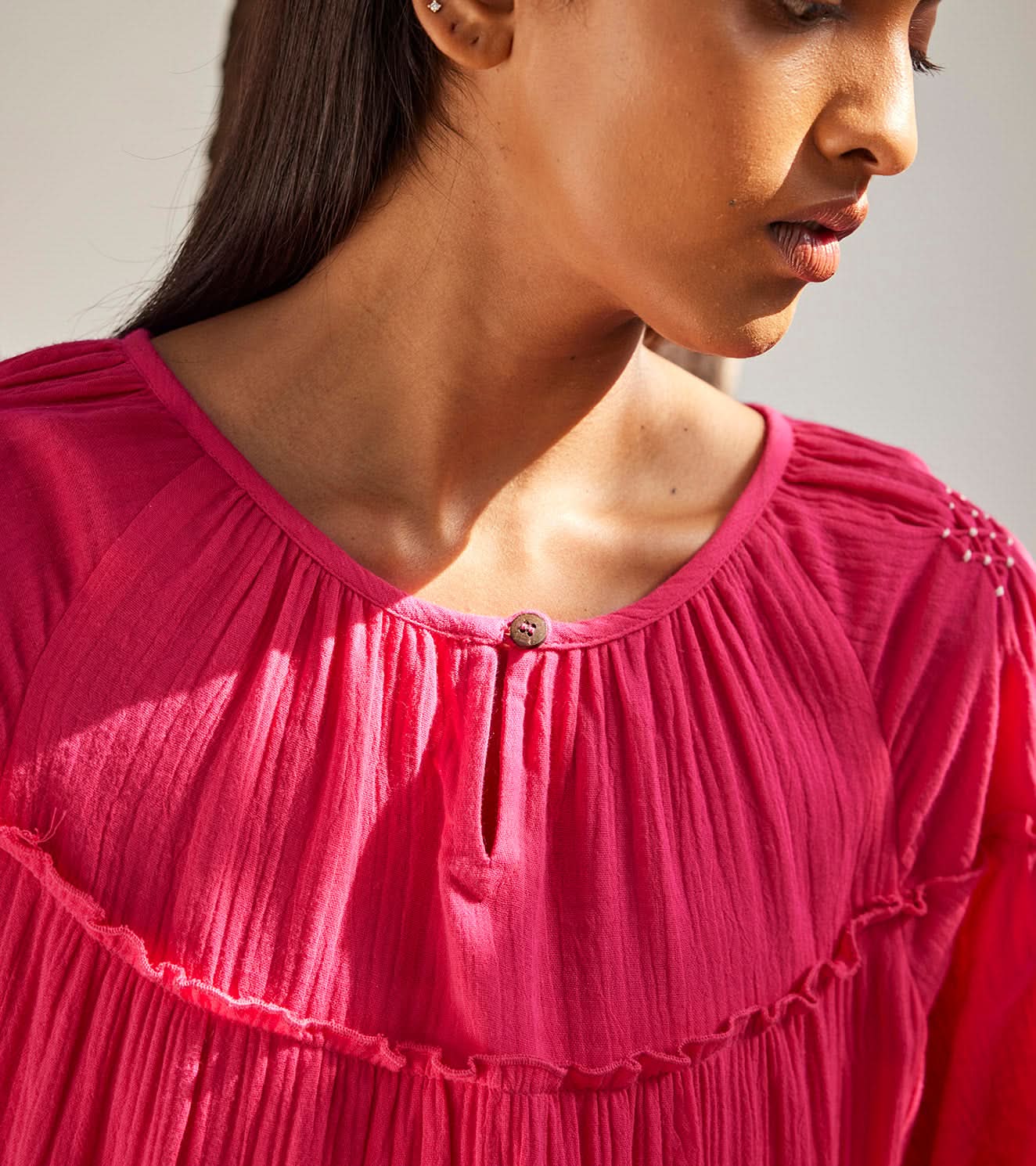 A Model Wearing Pink Pure Cotton Sweet Melody Dress curated by Only Ethikal