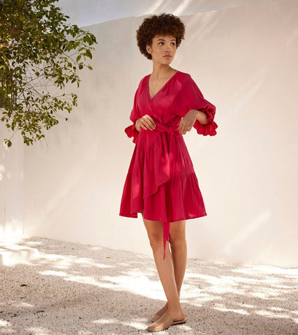 A Model Wearing Pink Pure Cotton First Love Wrap Dress curated by Only Ethikal
