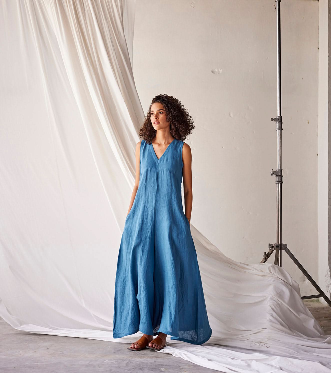 A Model Wearing Blue Linen Tambola Nights curated by Only Ethikal