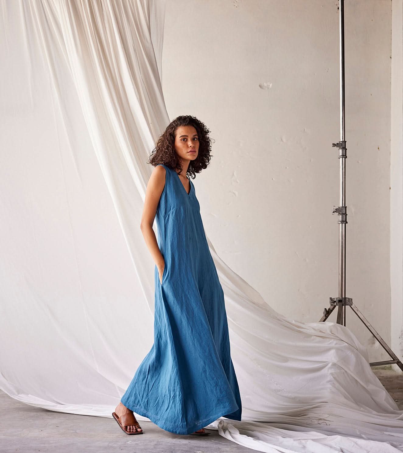 A Model Wearing Blue Linen Tambola Nights curated by Only Ethikal