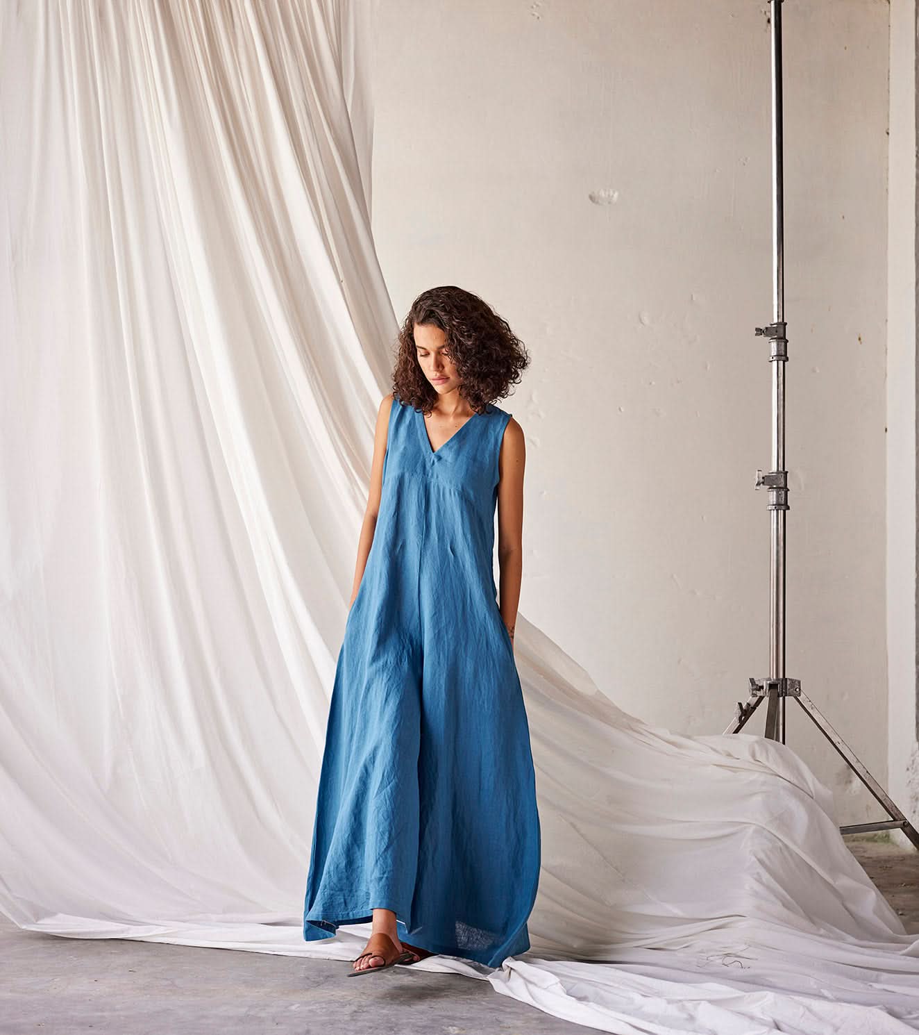 A Model Wearing Blue Linen Tambola Nights curated by Only Ethikal