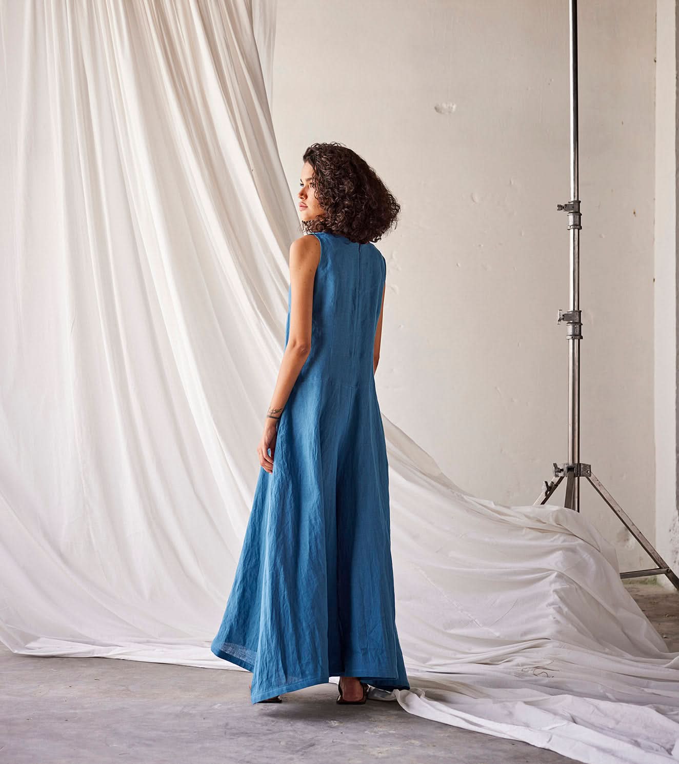 A Model Wearing Blue Linen Tambola Nights curated by Only Ethikal