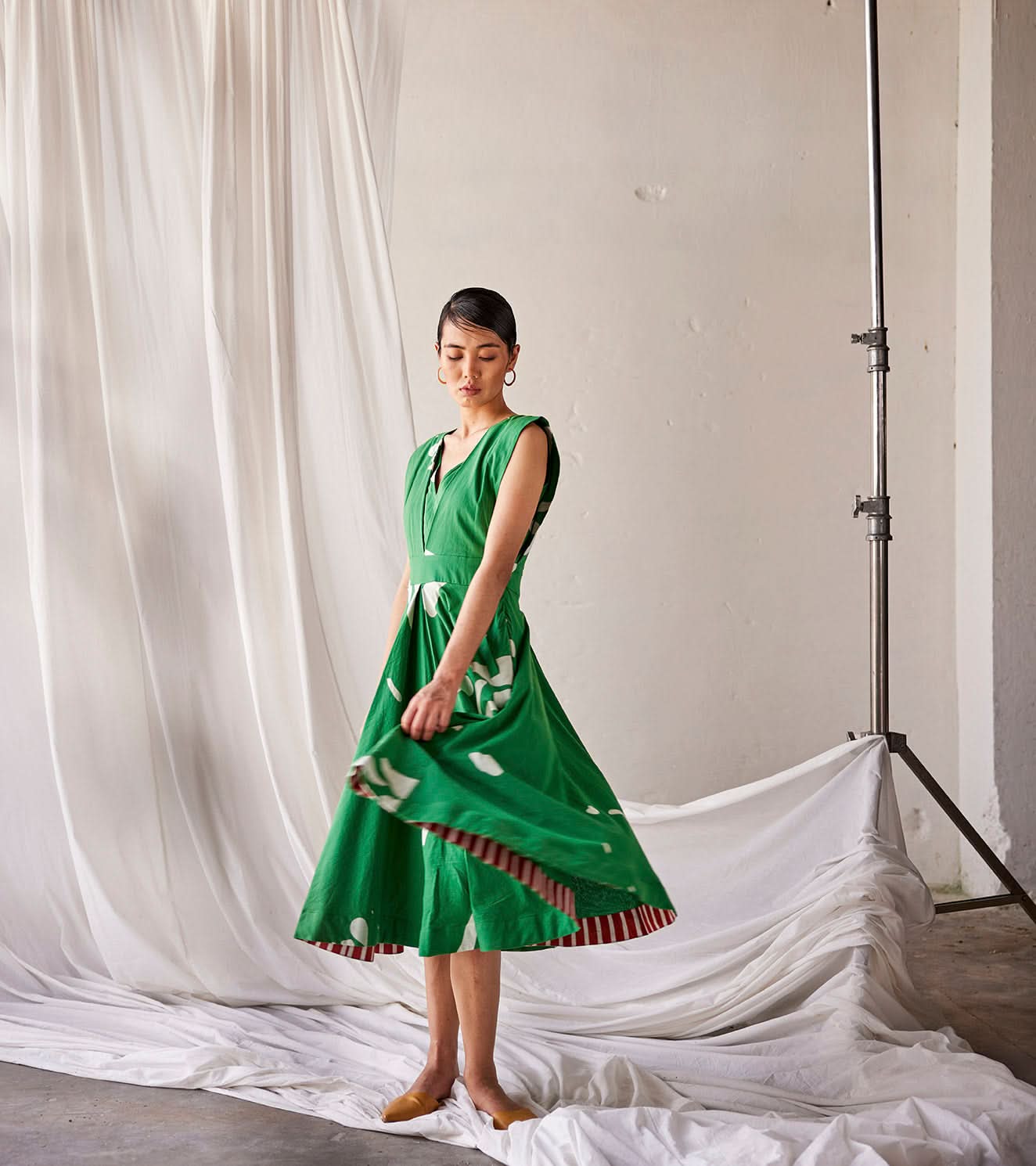A Model Wearing Green Pure Cotton Chirping Birds curated by Only Ethikal