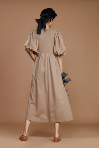 Reversible Smocked Balloon Sleeve Beige & Ivory Dress