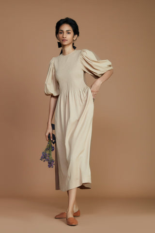 Reversible Smocked Balloon Sleeve Beige & Ivory Dress