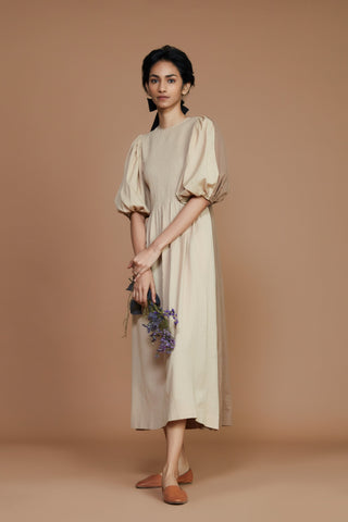 Reversible Smocked Balloon Sleeve Beige & Ivory Dress