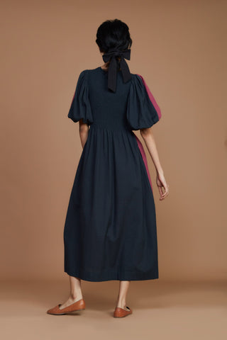 Reversible Smocked Balloon Sleeve Charcoal & Mauve Dress