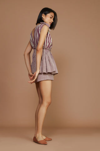 Ivory With Mauve Striped Frill Top And Shorts Co-Ord Set