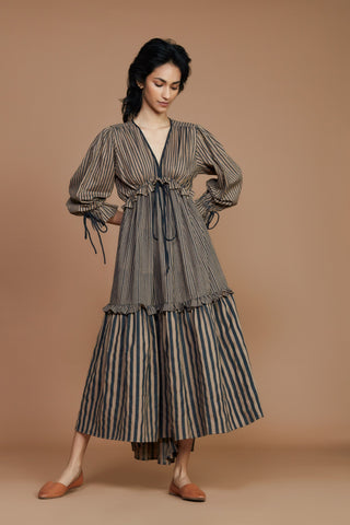 Tiered Frill Brown Striped Dress