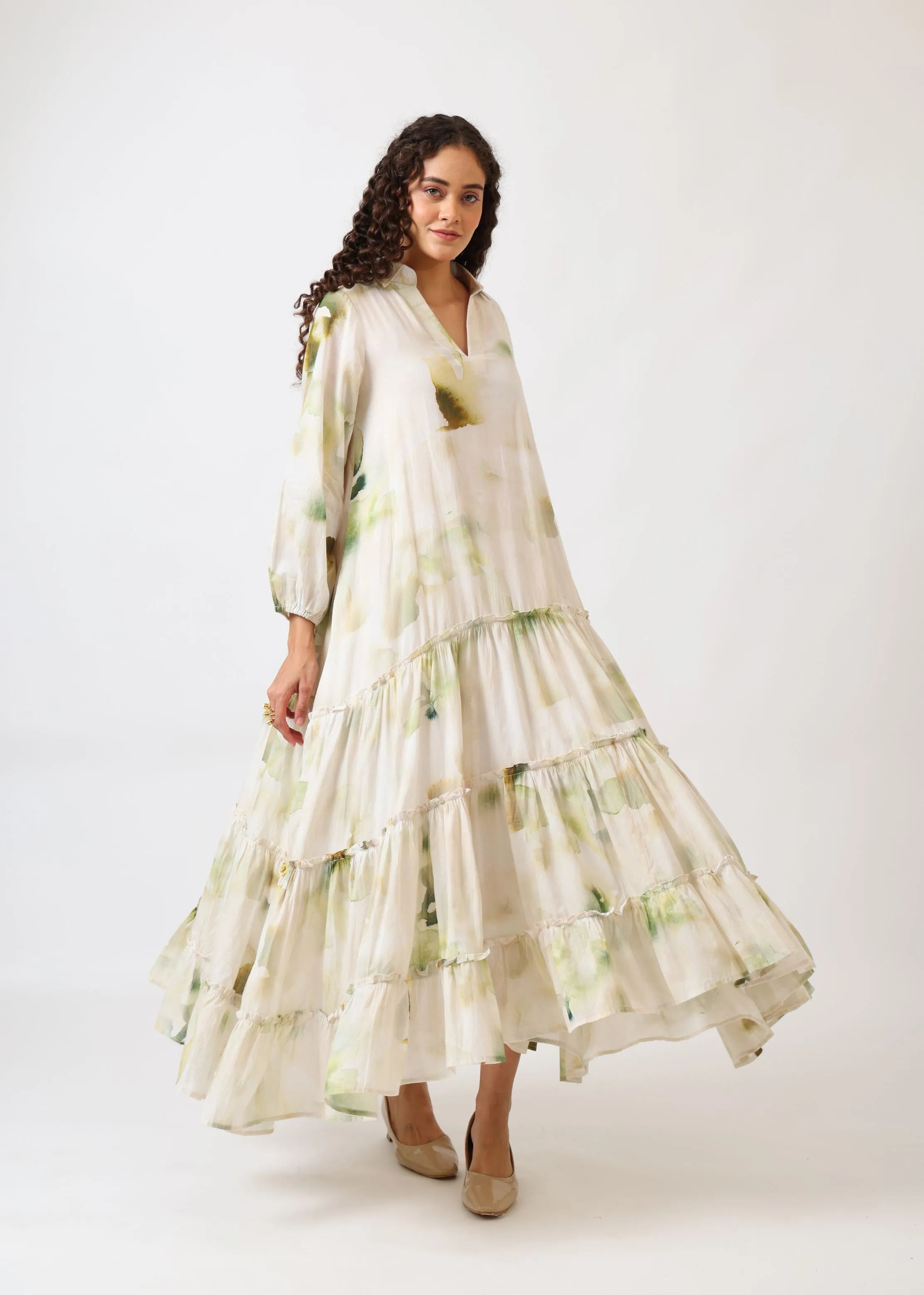 A Mom & Me Duo Wearing Multicolor Mul Cotton Verdant Bloom Tiered Dress | Mom & Me Duo Set, created by Only Ethikal