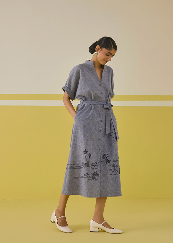 A Model Wearing Multicolor Hemp Denim Palm Promenade Hemp Denim Dress , curated by Only Ethikal