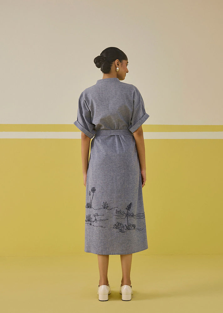 A Model Wearing Multicolor Hemp Denim Palm Promenade Hemp Denim Dress , curated by Only Ethikal