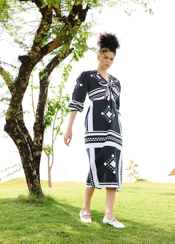 A Model Wearing Multicolor Linen Cotton Black Matchesdahlia Dress, curated by Only Ethikal