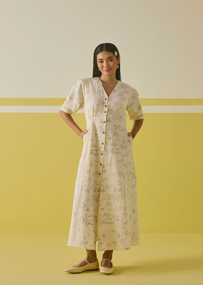 A Model Wearing Multicolor Handwoven Kala cotton Sunshine Garden Kala Cotton Maxi Dress, curated by Only Ethikal