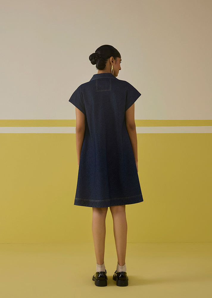 A Model Wearing Multicolor Organic Cotton Denim The Daisy Organic Cotton Denim Dress, curated by Only Ethikal