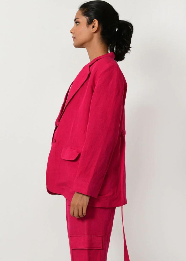 A Model Wearing Pink Organic Cotton Viva Magenta Linen Cargo Jacket, curated by Only Ethikal