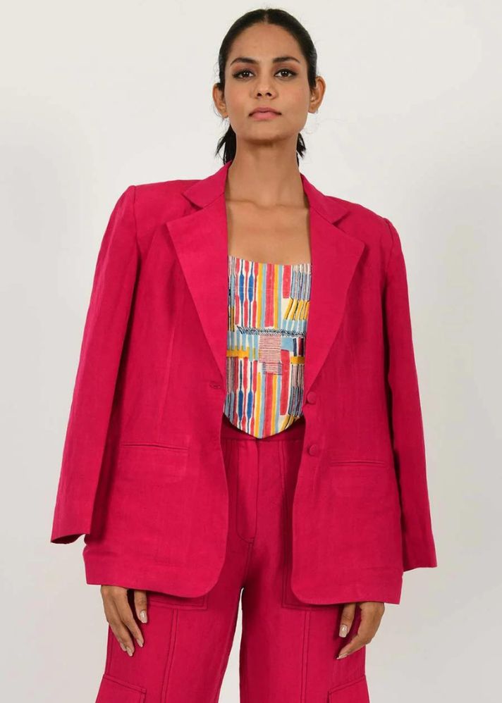 A Model Wearing Pink Organic Cotton Viva Magenta Linen Cargo Jacket, curated by Only Ethikal