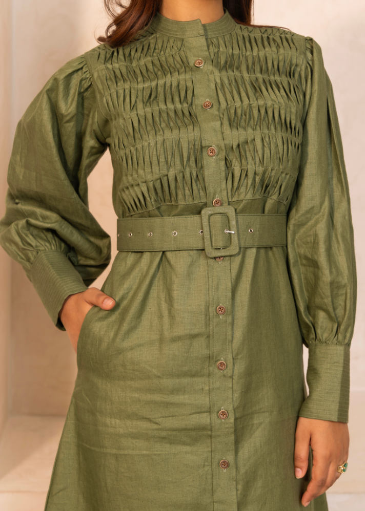 A Model Wearing Green Hemp Groove Dress Green, curated by Only Ethikal