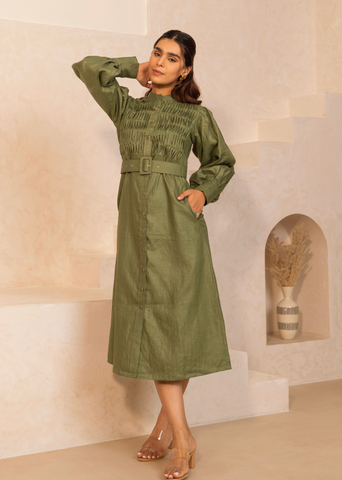 A Model Wearing Green Hemp Groove Dress Green, curated by Only Ethikal